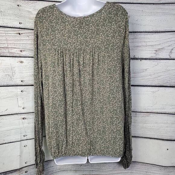 Daytrip XL Green Floral Long Sleeve Blouse Keyhole Neck Stretch Hem - Picture 5 of 7